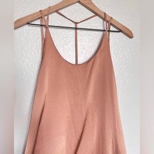 Muted copper dress, with spaghetti straps.